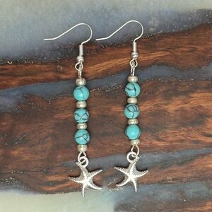 Silver and Turquoise Stone Beaded Dangle Starfish Earrings Hand Crafted New
